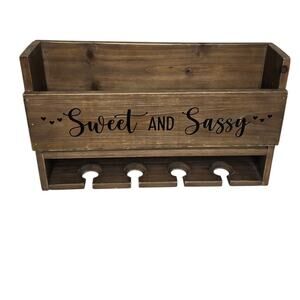 Wooden Distressed Sweet and Sassy Wine Rack with Glass Holder  16" x 4.5" x 9.5"